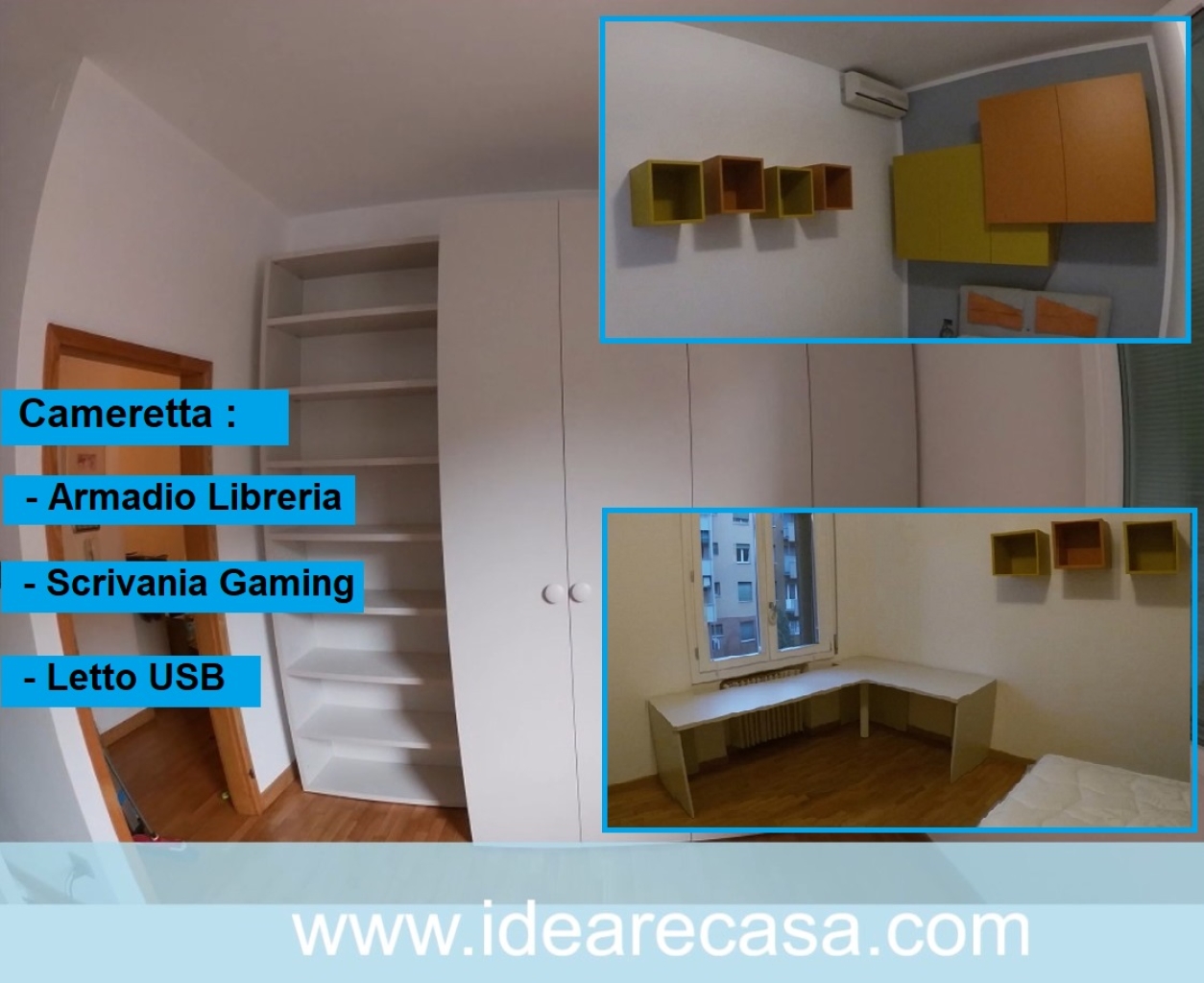 Small bedroom with bookcase wardrobe, gaming desk and USB bed