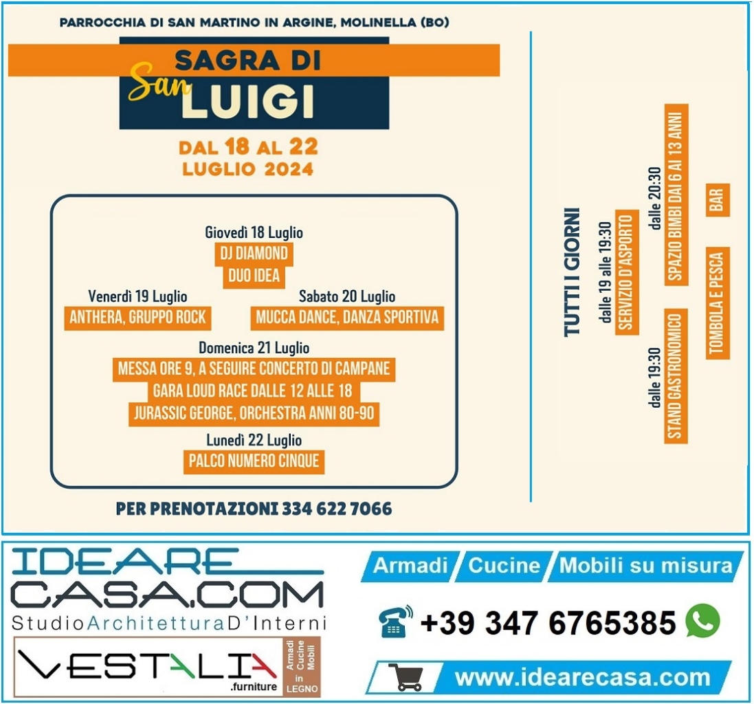Festival of San Luigi 2024 in San Martino in Argine - Bologna. IdeareCasa.com, VESTALIA, CucineBologna, ArmadiBologna sponsor.