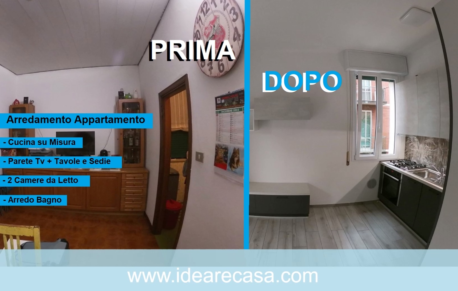 Complete furniture in Bologna with custom kitchen, TV wall, table and chairs, 2 bedrooms, bathroom furniture.