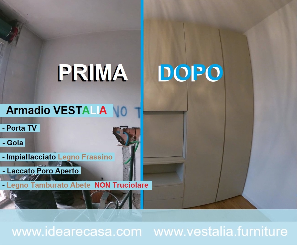 Armadio VESTALIA porta TV reclinabile, impiallacciato legno Frassino laccato poro aperto