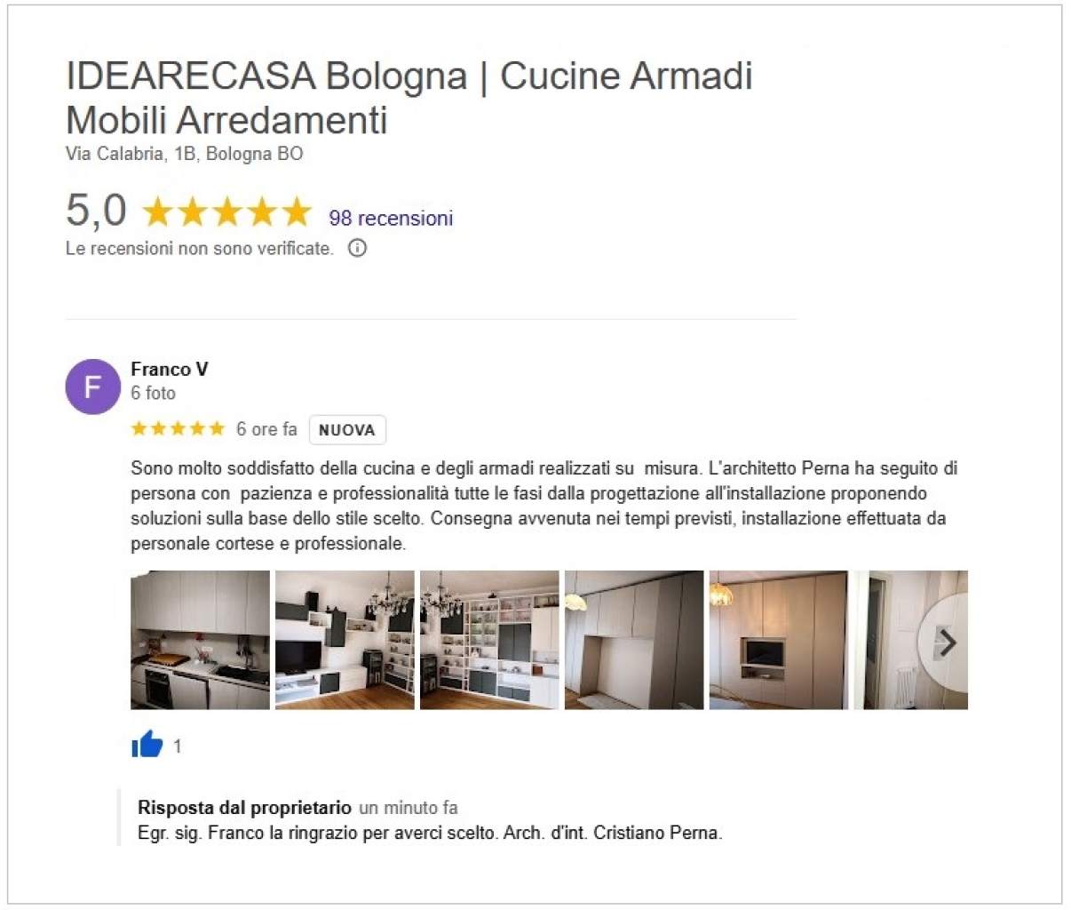 Recensione del sig.Vergari di Bologna, cliente IdeareCasa
