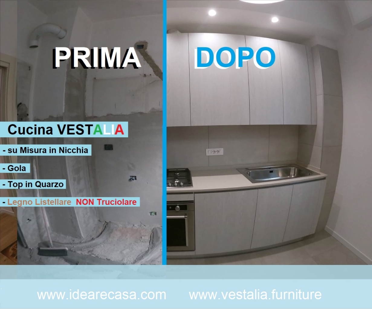 Cucina VESTALIA per Nicchia su Misura con Gola e Top in Quarzo