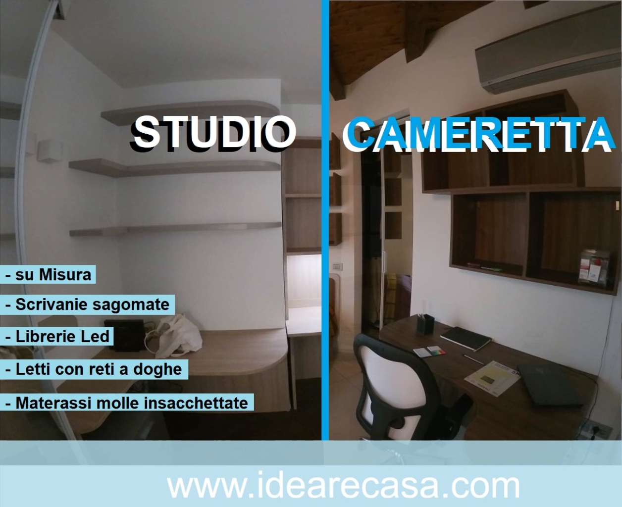 Custom made study and bedroom desks, bookcases, LED lights, beds.