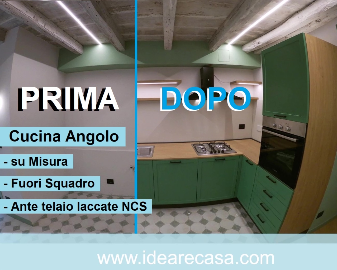 Cucina Angolo su Misura con fuori squadro 91,5° ed ante telaio tinta verde